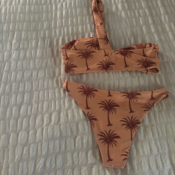 One Shoulder Swim Suit Bikini Set size Small Orange Burgundy Tropical Palm Print - Picture 2 of 3